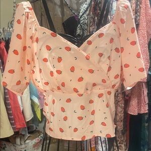 Peach Strawberry Print Wrap-Style Puff Sleeve Blouse